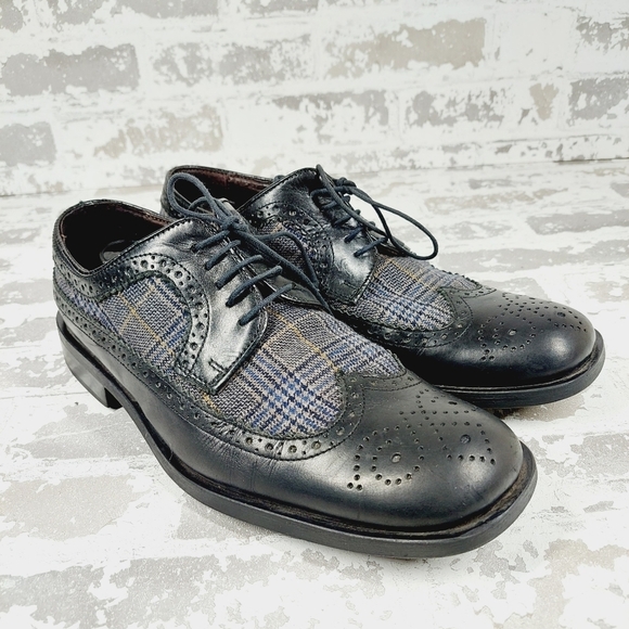 Kenneth Cole Reaction Mixed Wingtip Plaid Fabric Black Leather Oxfords O637 - Picture 4 of 12